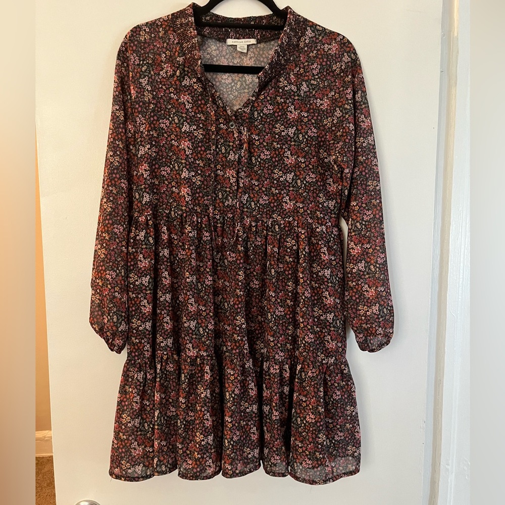 American Eagle Floral Pink and Grey Babydoll Dress - Size Small